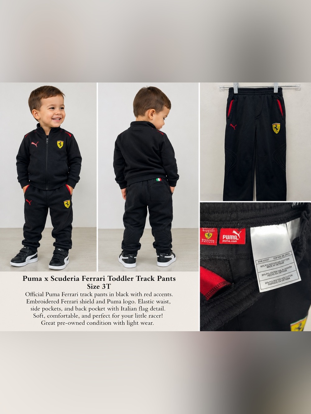 Puma Scuderia Ferrari Toddler 3T Track Pants Black Red Logo Joggers Racing